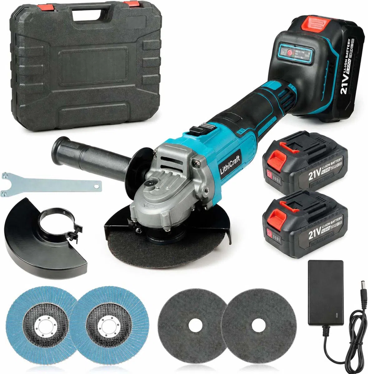 Meuleuse d’angle sans fil 125 mm, meuleuse brushless 10000 tr/min avec 2 batteries 4,0 Ah et chargeur, pour métal, pierre et carrelage, avec coffret