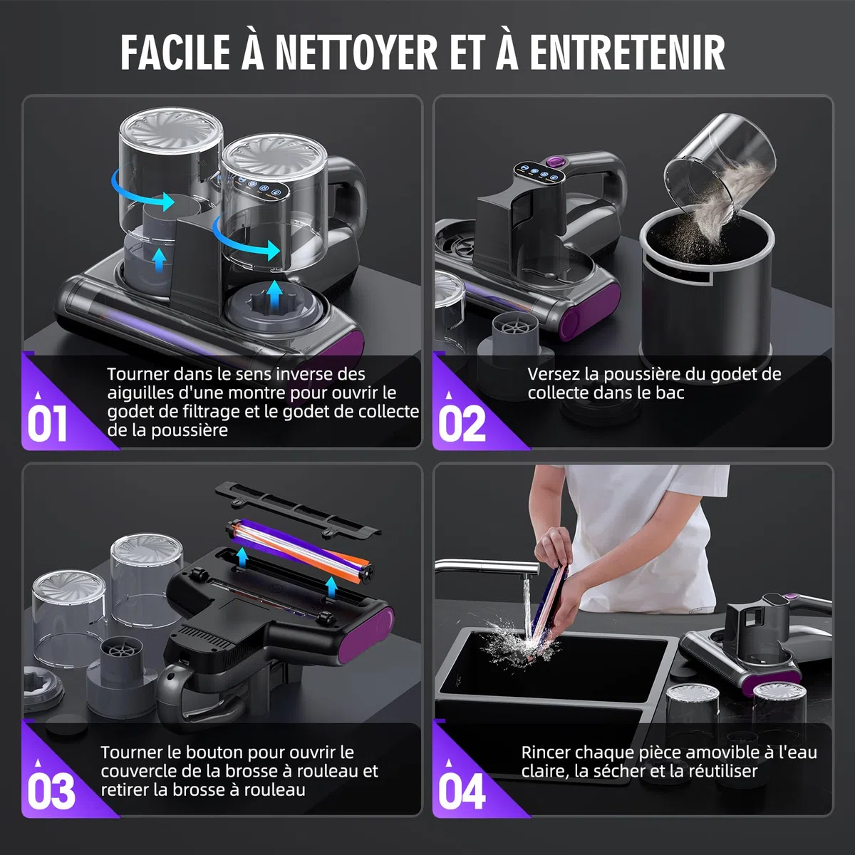 Aspirateur Anti Acariens Matelas avec Lumière UV-C de 253,7nm Aspirateur Lit 16Kpa Aspiration Ultrasons Chauffage Filtre HEPA Brosse Rotative Élimine des Allergènes 500W