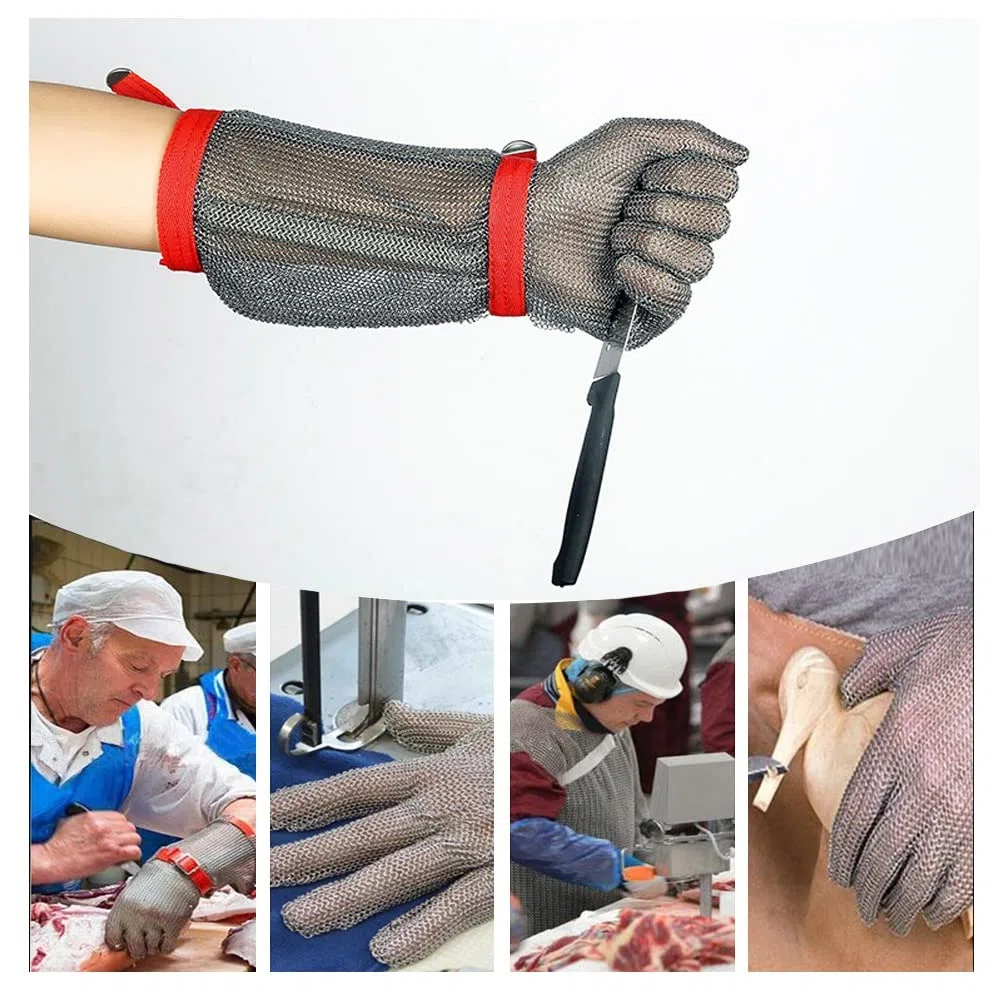 Gants résistants aux coupures, Gants à manches longues, niveau de protection 9, gants travail en cotte mailles métalliques résistants aux coupures(Arm 19cm,1PCS/L)