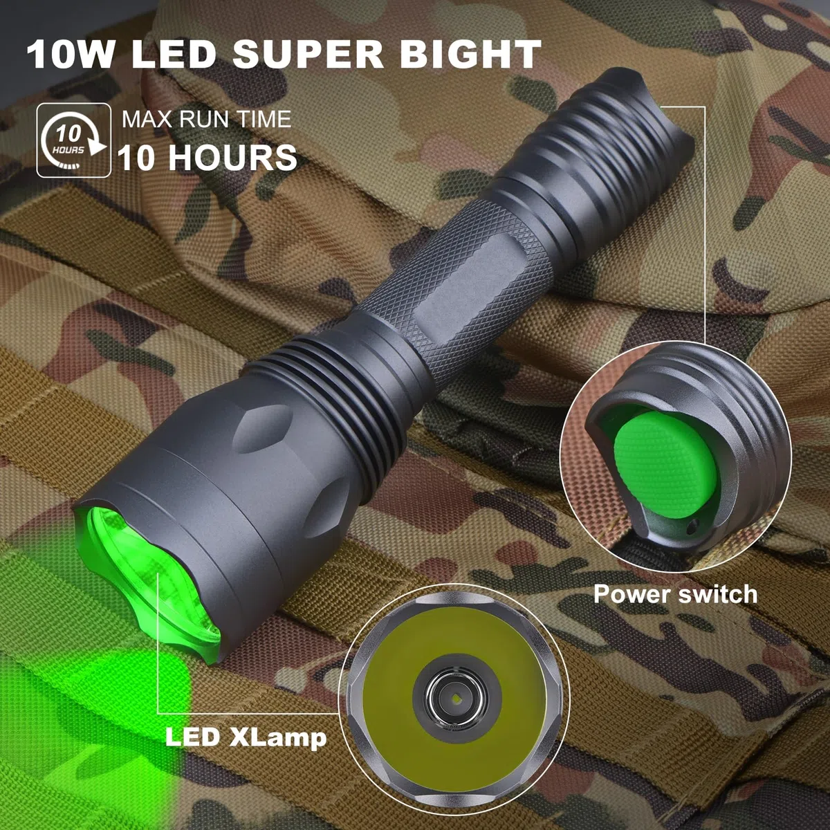 TC10 Kit de lampe de chasse, lumières vertes jusqu'à 1200 m, lampe de chasse haute puissance pour coyote, prédateur, Varmint, Coon & Hog - Éclairage 1600 lumens 1200 m