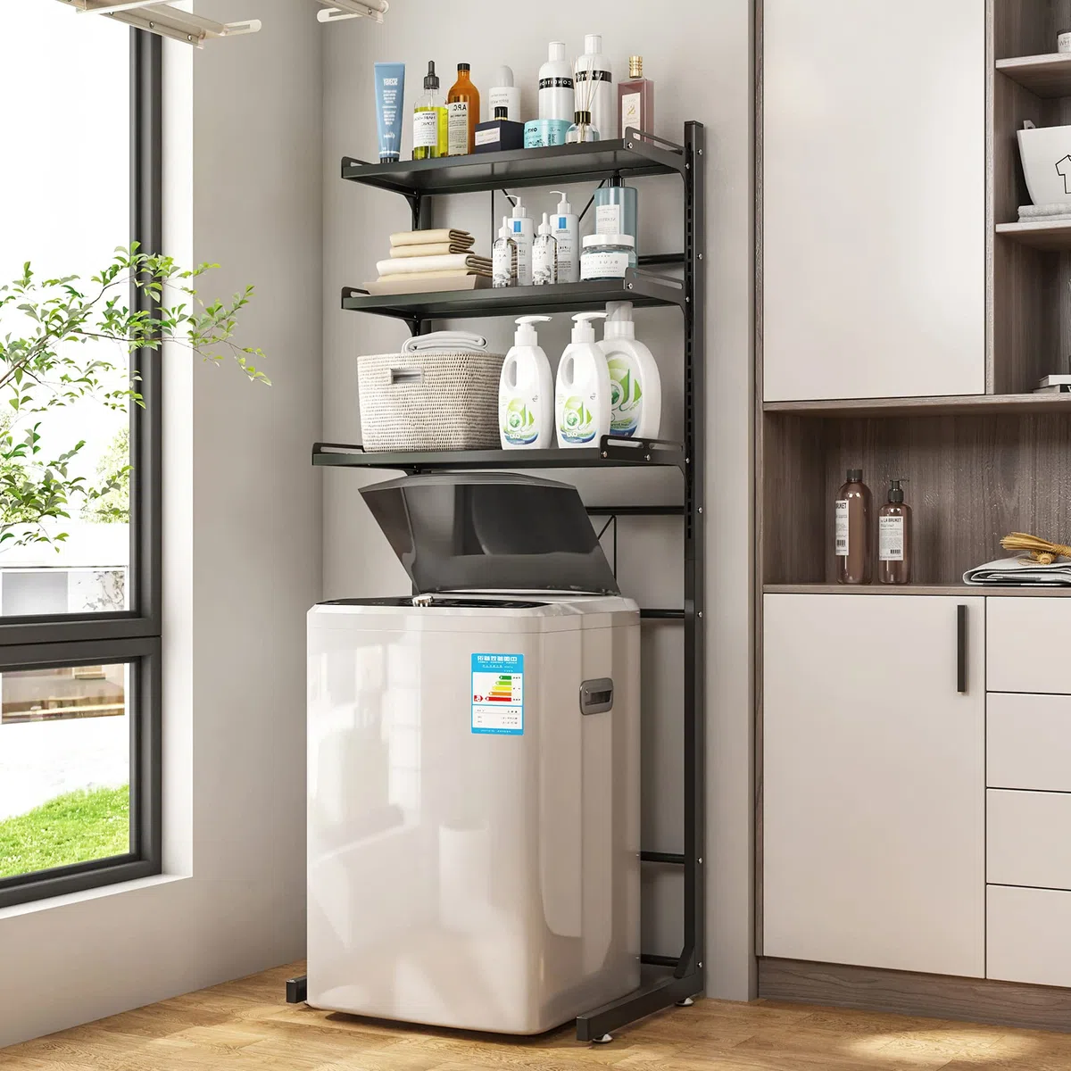 Organisateur de Toilettes sur pied Réglable Support de Rangement pour Étagère à Linge Salle de Bain Espace Économisé, au-Dessus de l'étagère de la Machine à Laver, Rangement pour Lave-Linge Utilitaire