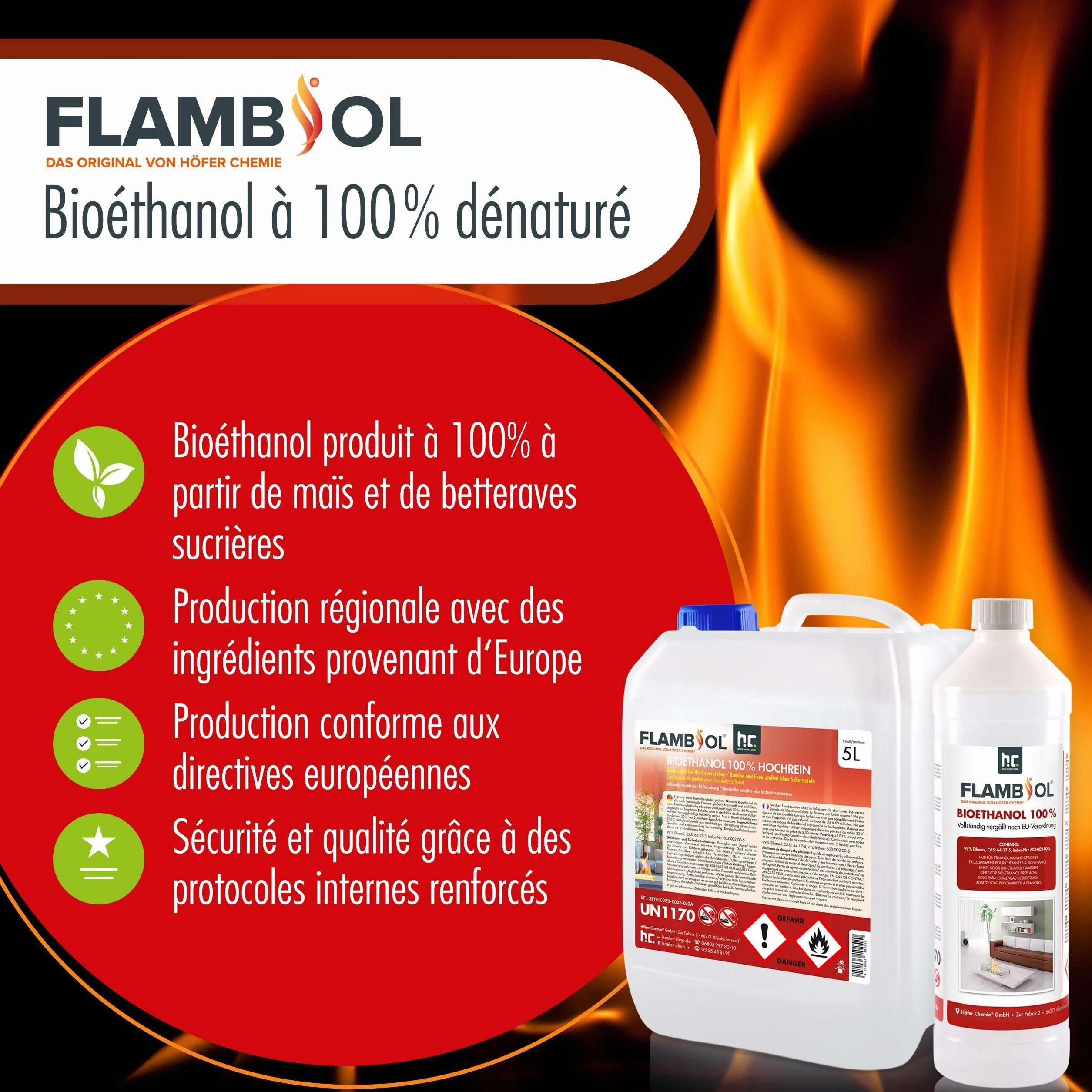 Bioéthanol 100% FLAMBIOL 3 x 10 L- Combustible Liquide Dénaturé pour Cheminée et Foyer à l'éthanol - Usage Intérieur - Combustion Propre et Quasi Inodore