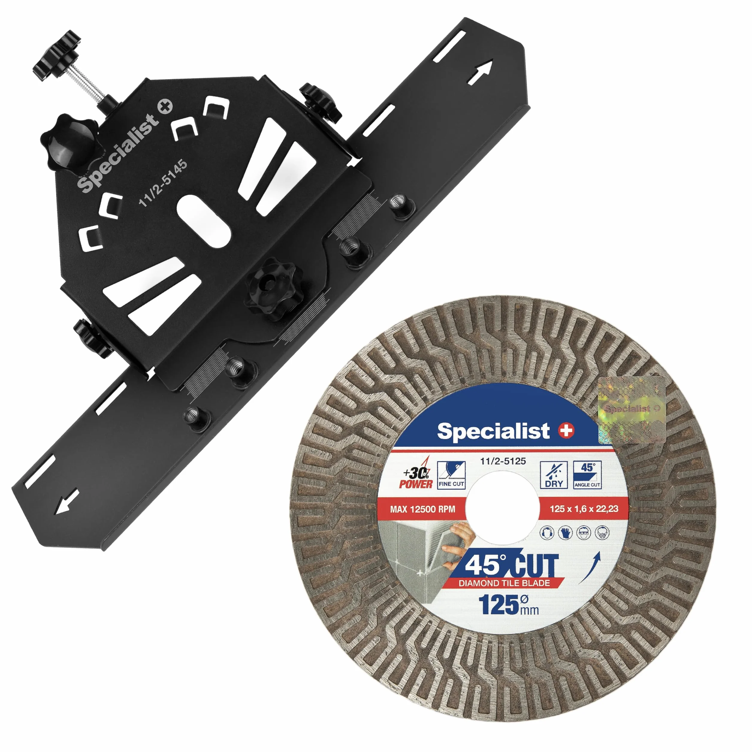 Specialist+ Kit de découpe de carreaux pour meuleuse d'angle - Coupe-carreaux manuel à 45 degrés et disque diamant de 125 mm, disque diamant ultra-mince pour carrelage, céramique, marbre
