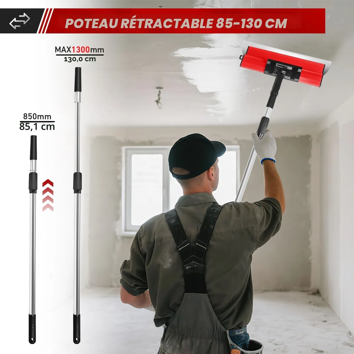 Kit de spatules de surface - Lames de mastic 15 cm, 25 cm, 40 cm, 60 cm et 80 cm + manche d'extension de 85 cm à 130 cm, couteau de construction en acier inoxydable