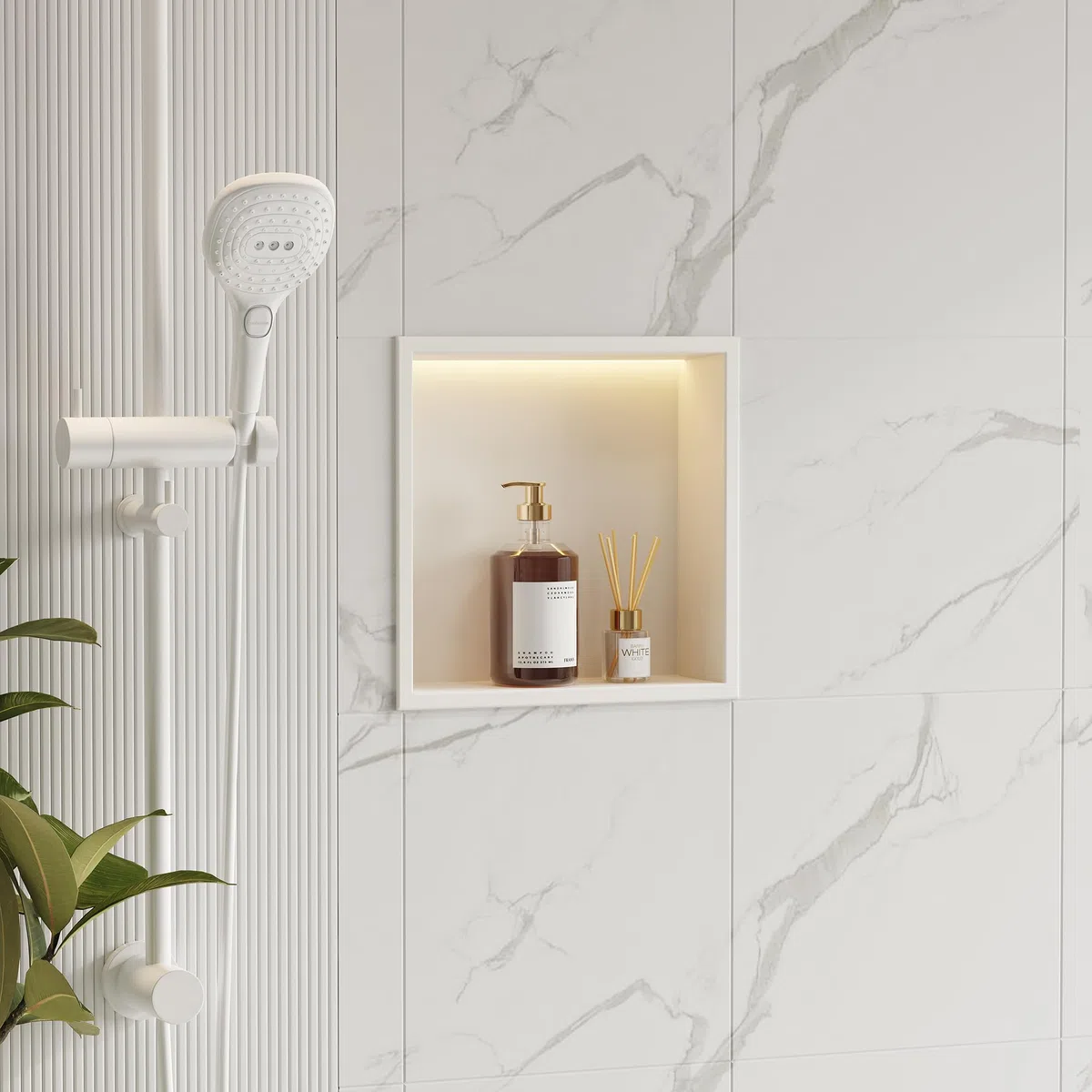 Niche de douche murale en acier inoxydable avec lumière LED, niche de douche encastrée blanche, étagère de rangement simple pour salle de bain, 30x30 cm