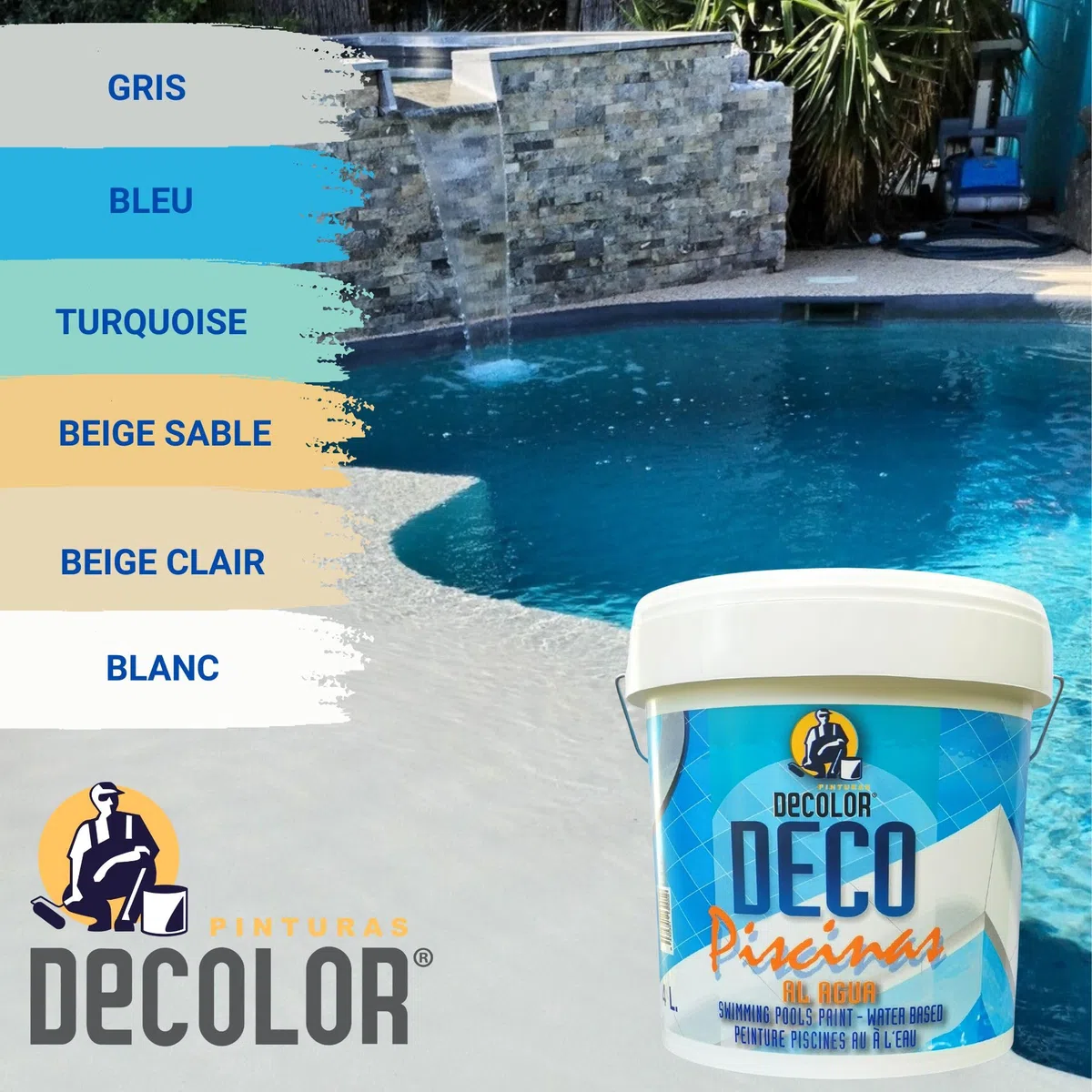 PINTURAS DECOLOR Peinture Piscine, bassin béton - Imperméable - Excellente résistance aux UV, à l'eau chlorée - 8L Bleu