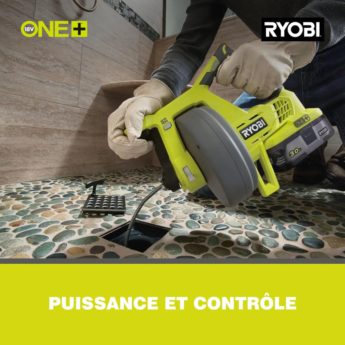 RYOBI - Déboucheur 18V ONE+ - Vitesse Max 600 tr/min, pour 11,5cm/sec - Câble 7,6m, Tête 16mm, Gâchette avec Interrupteur Bloquant et Inverseur de Rotation - Batterie et Chargeur non Inclus - R18DA-0