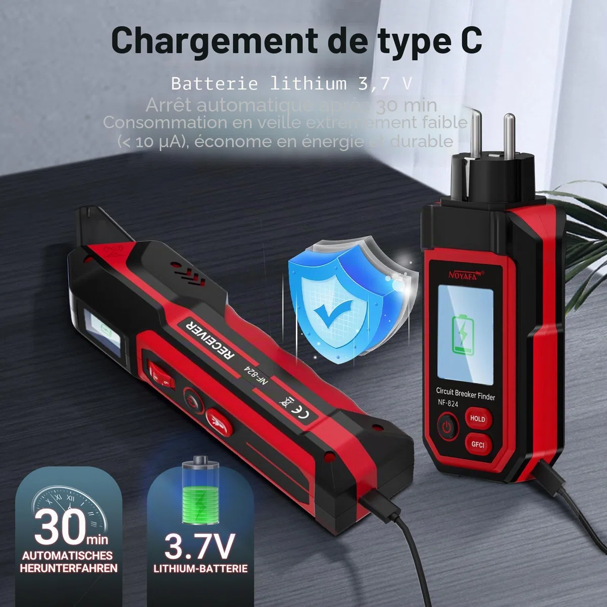 NOYAFA NF-824 Testeur de prise, détecteur de fusible, détecteur de disjoncteur avec écran LCD, testeur de tension sans contact avec 240 V, testeur de prise Schuko, testeur de phase NCV, détecteur de