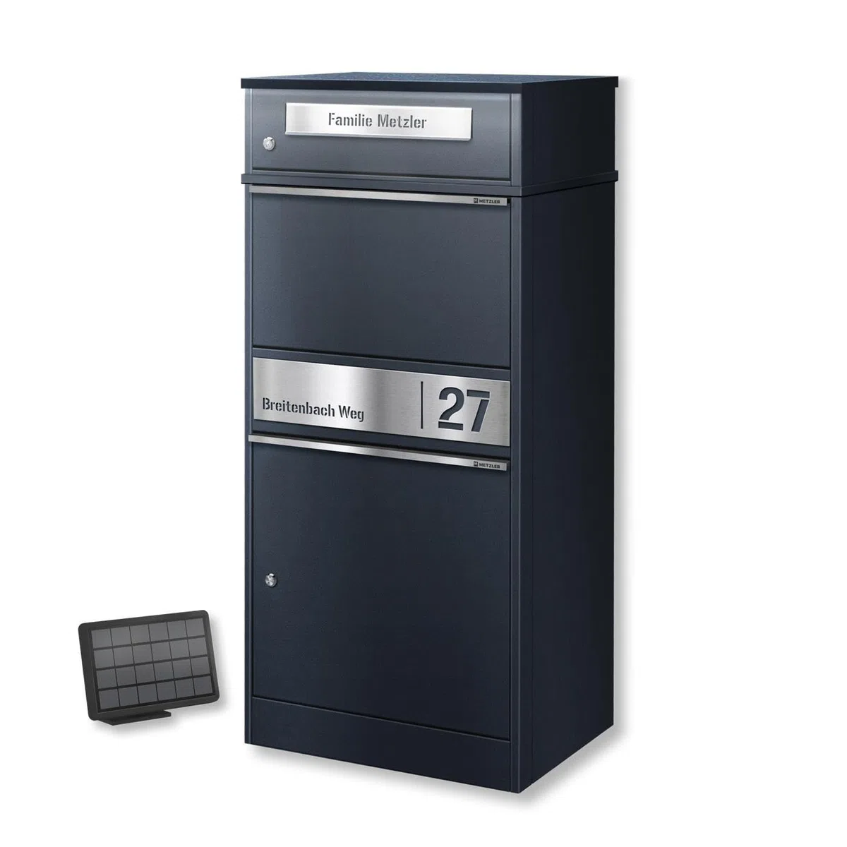 Metzler® boîte aux Lettres Colis avec éclairage LED Solaire et Plaque nom gravée RAL 7016 Anthracite – Acier thermolaqué sur Pied, capacité XL sécurisée et résistante intemperies Bispo 2