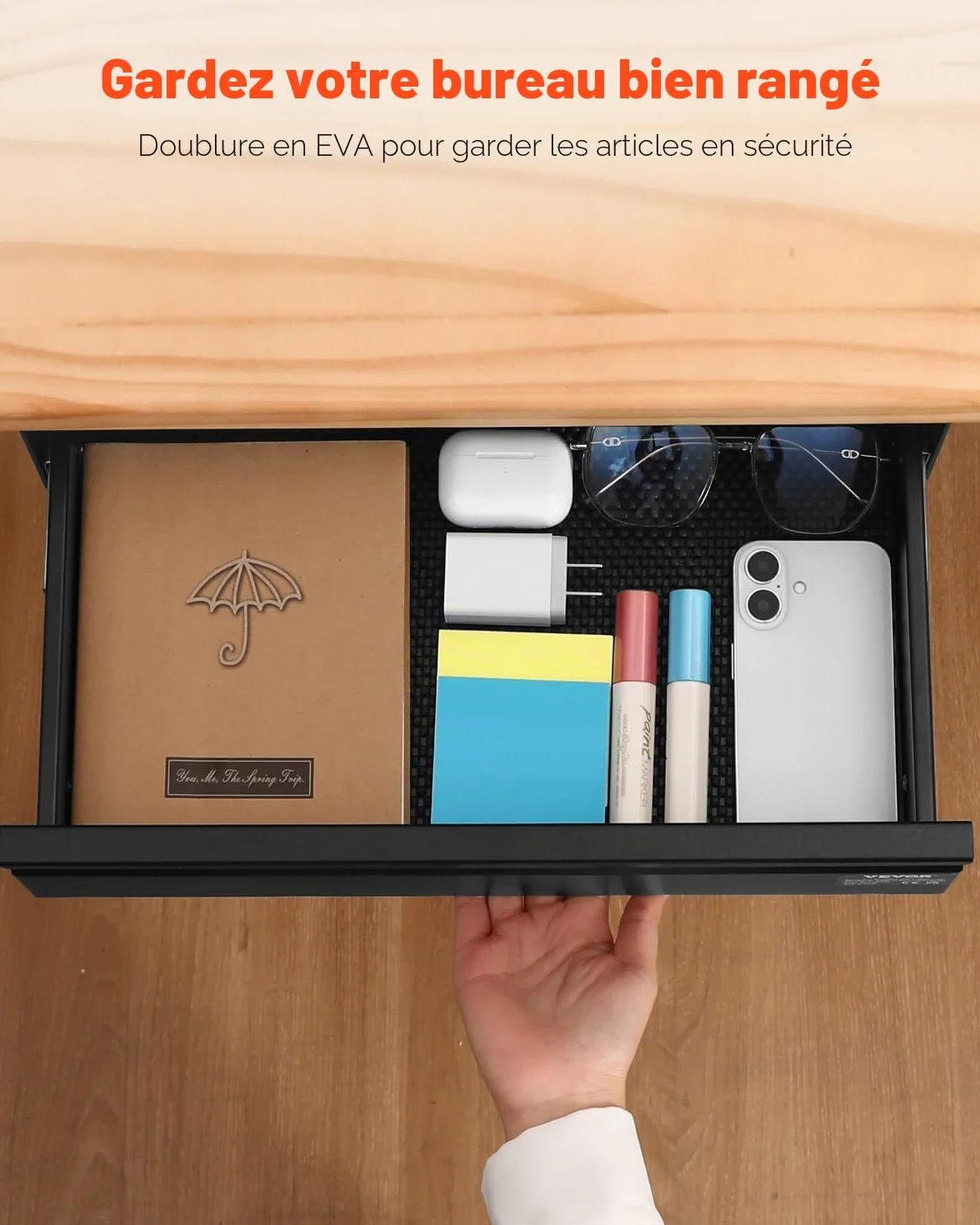 VEVOR Tiroir Coulissant sous Bureau, 365x335x250 mm, Tiroir Organisateur de Rangement de Bureau Caché Verrouillable, Capacité de Charge 5 kg, pour Maison sous Table, Poste de Travail Assis-Debout