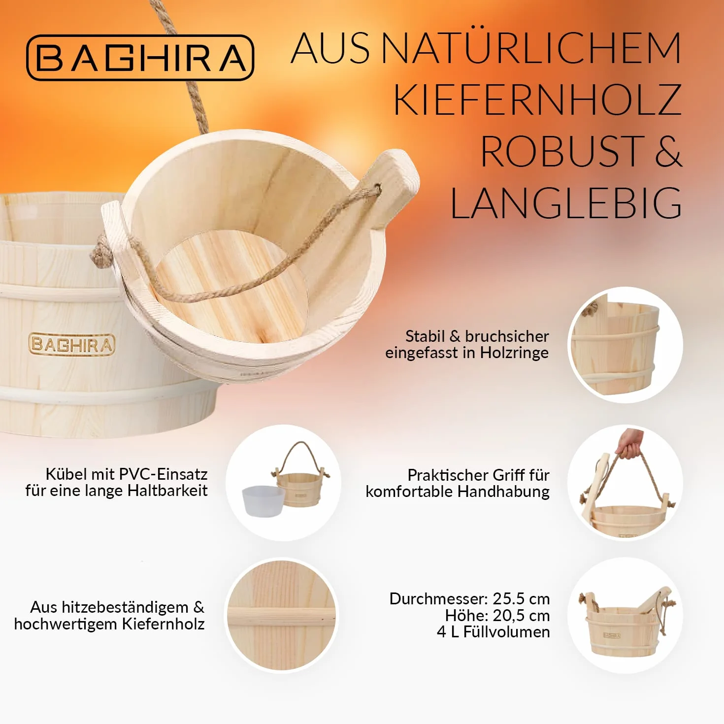 BAGHIRA Lot de 5 seaux de sauna en pin - Avec insert en PVC - Seau de sauna avec truelle, sablier, thermomètre et hygromètre