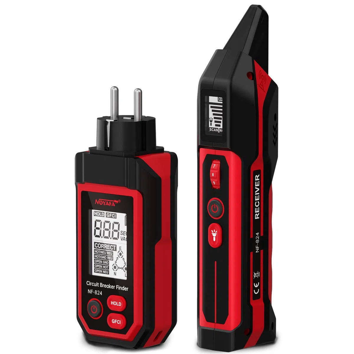 NOYAFA NF-824 Testeur de prise, détecteur de fusible, détecteur de disjoncteur avec écran LCD, testeur de tension sans contact avec 240 V, testeur de prise Schuko, testeur de phase NCV, détecteur de