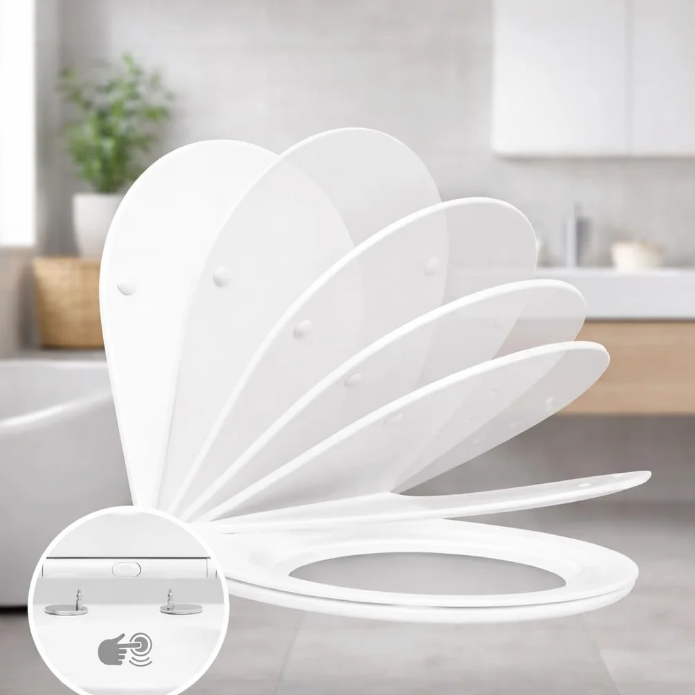 WC Suspendu Mural avec Fixations Invisibles, Sans Bride (Rimless), Abattant Soft-Close Ultra-Fin, Cuvette en Céramique Facile à Nettoyer, Design Moderne Rond Blanc Brillant Gain de Place