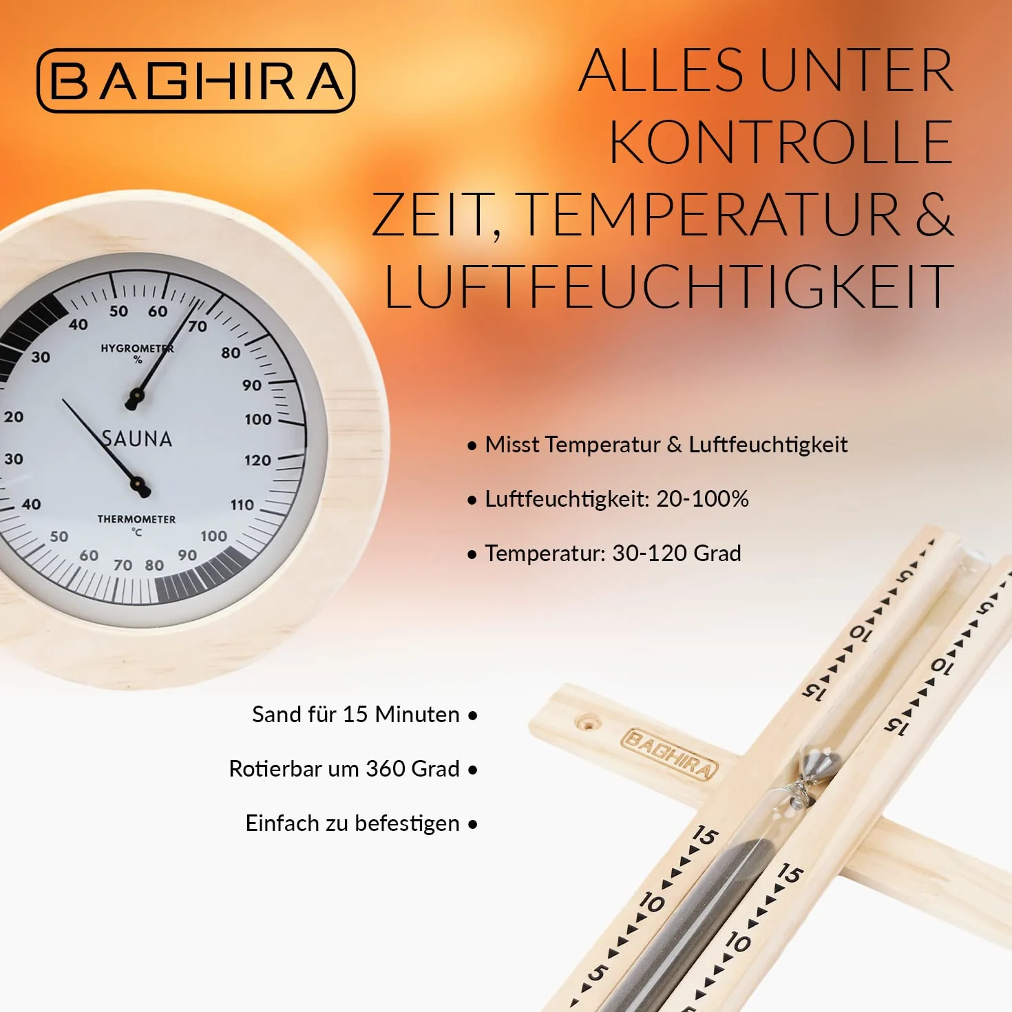 BAGHIRA Lot de 5 seaux de sauna en pin - Avec insert en PVC - Seau de sauna avec truelle, sablier, thermomètre et hygromètre
