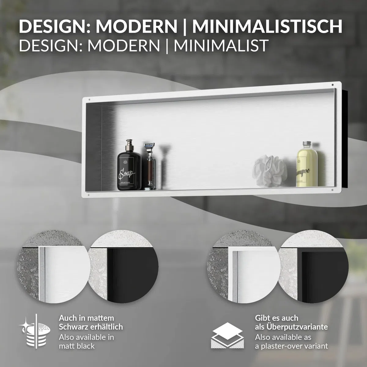 LuxeBath Niche de Douche Encastrée Murale, 90x30x10 cm, en Acier Inoxydable, Argent, sans Rebord, Étagère Encastrable Salle de Bain, Seule Couche, Rangement Articles Toilette, avec Matériel Montage